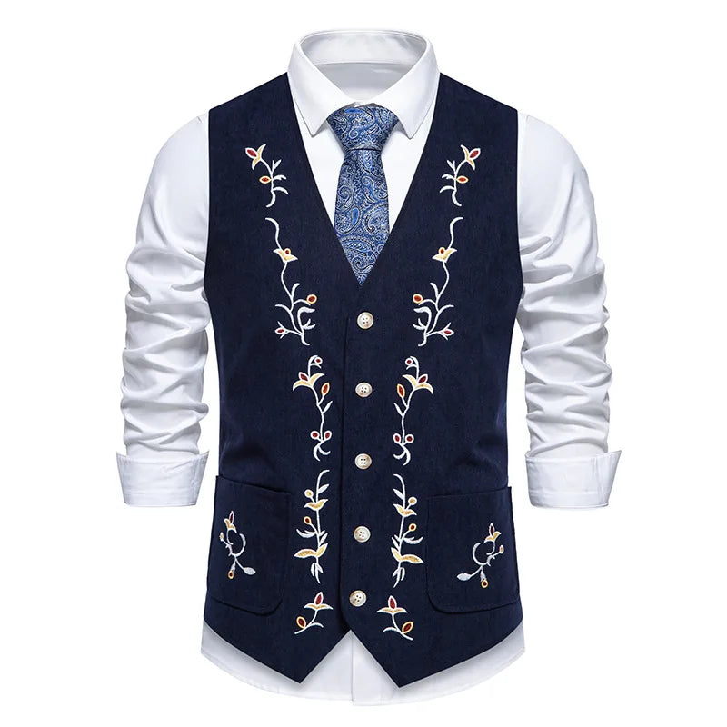 Suit Vest Man British Style Printed Single-breasted Male Waistcoat Slim V-neck Sleeveless Pocket Versatile Men Vest