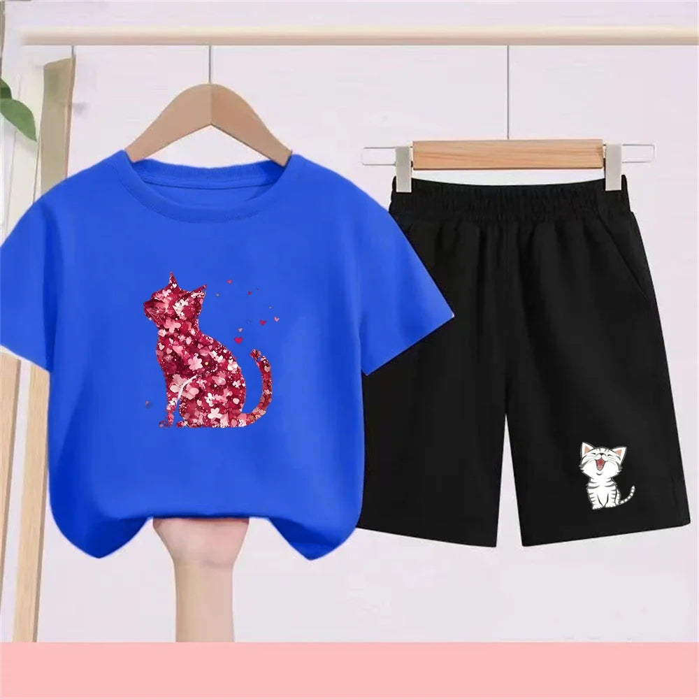 Summer Age 3-12 Girls boy cool breathable Tshirt Children T-shirt+bottom wear Set black 2pcs leisure Kids Set cat Print