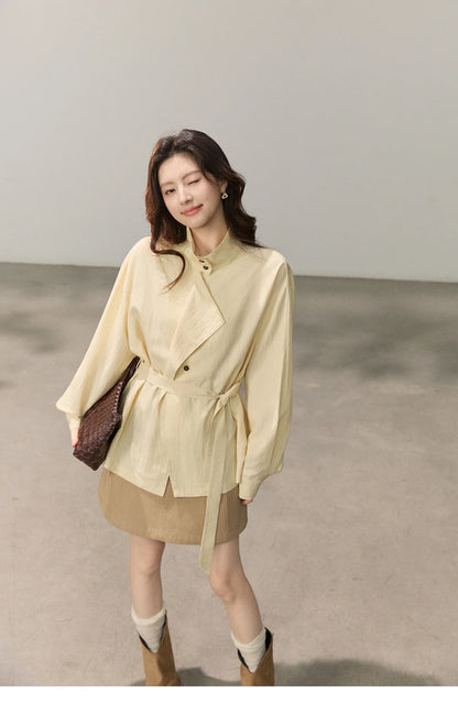 Women's Stand Collar Long Sleeve Shirts Spring Belted Waist Asymmetric Button Tops Casual Loose Solid Shirt MXF13C2459