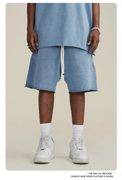 New Summer Men Retro Washed Shorts Unisex Drawstring Loose Edge 420gsm Solid Knee Length Cotton Pants Streetwears HY0589