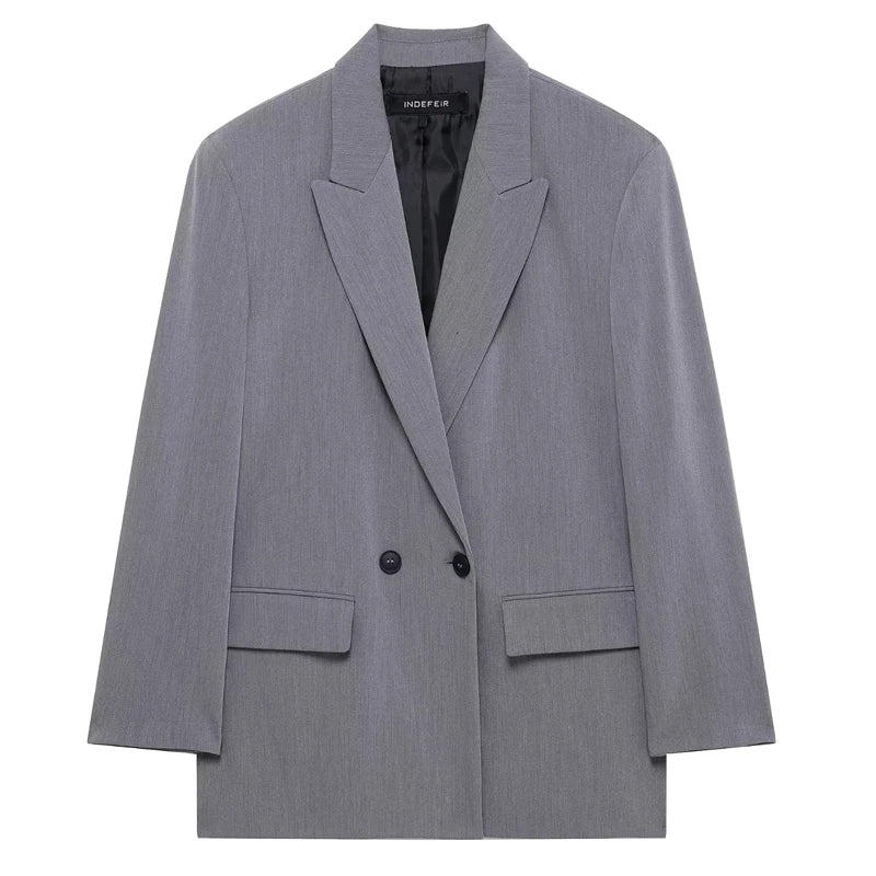 Women's Blazer Jacket Office Wear Woman Black Jacket Business Casual Loose Long Blazer Coat Double-Breasted Gray Jacket