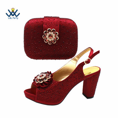 2022 Sweet  Special Design Women Crystal Style African Ladies Party Shoes Matching Bag in Magenta Color