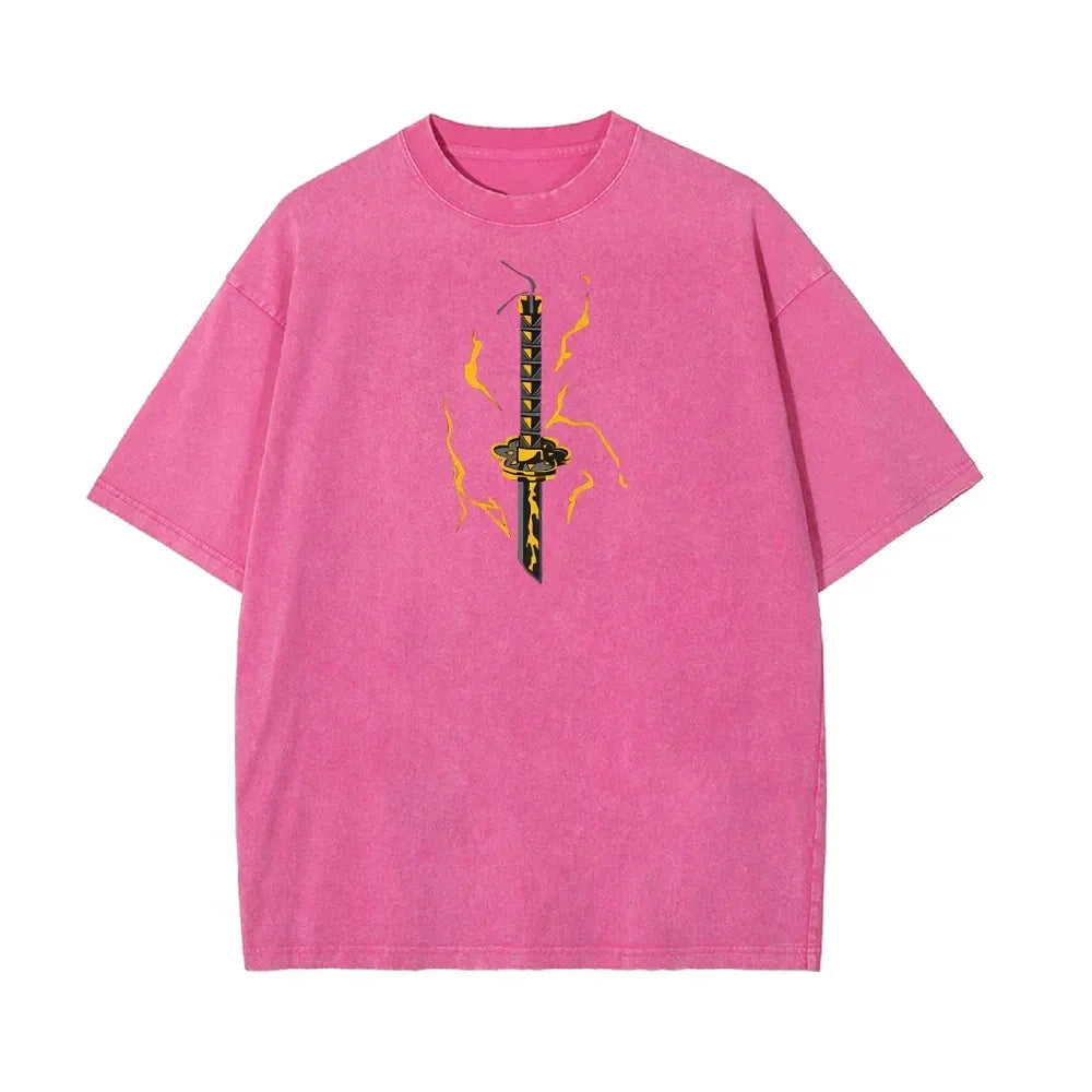 Demon Slayer Men's Women's Washed T-Shirt Zenitsu Agatsuma Summer Spring Anime Tee Retro Distressed High Quality Short Sleeve
