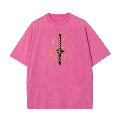 Demon Slayer Men's Women's Washed T-Shirt Zenitsu Agatsuma Summer Spring Anime Tee Retro Distressed High Quality Short Sleeve