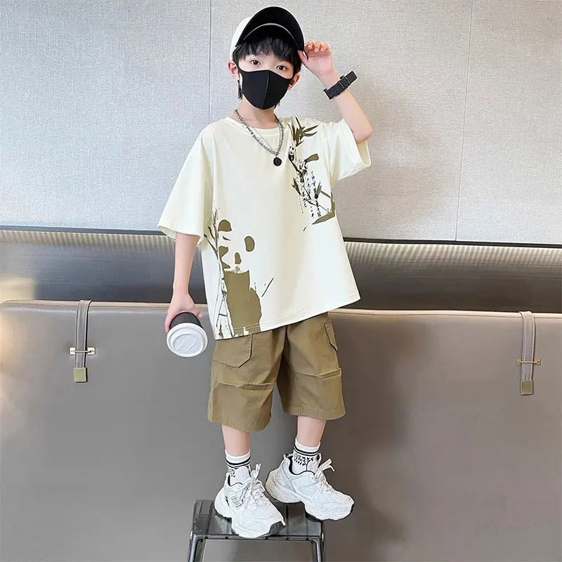 Chinese Style Kids Boy Summer Suit Twopiece Outfit Set With Panda Print T-shirt And Shorts Clothing Set for Children Streetwear