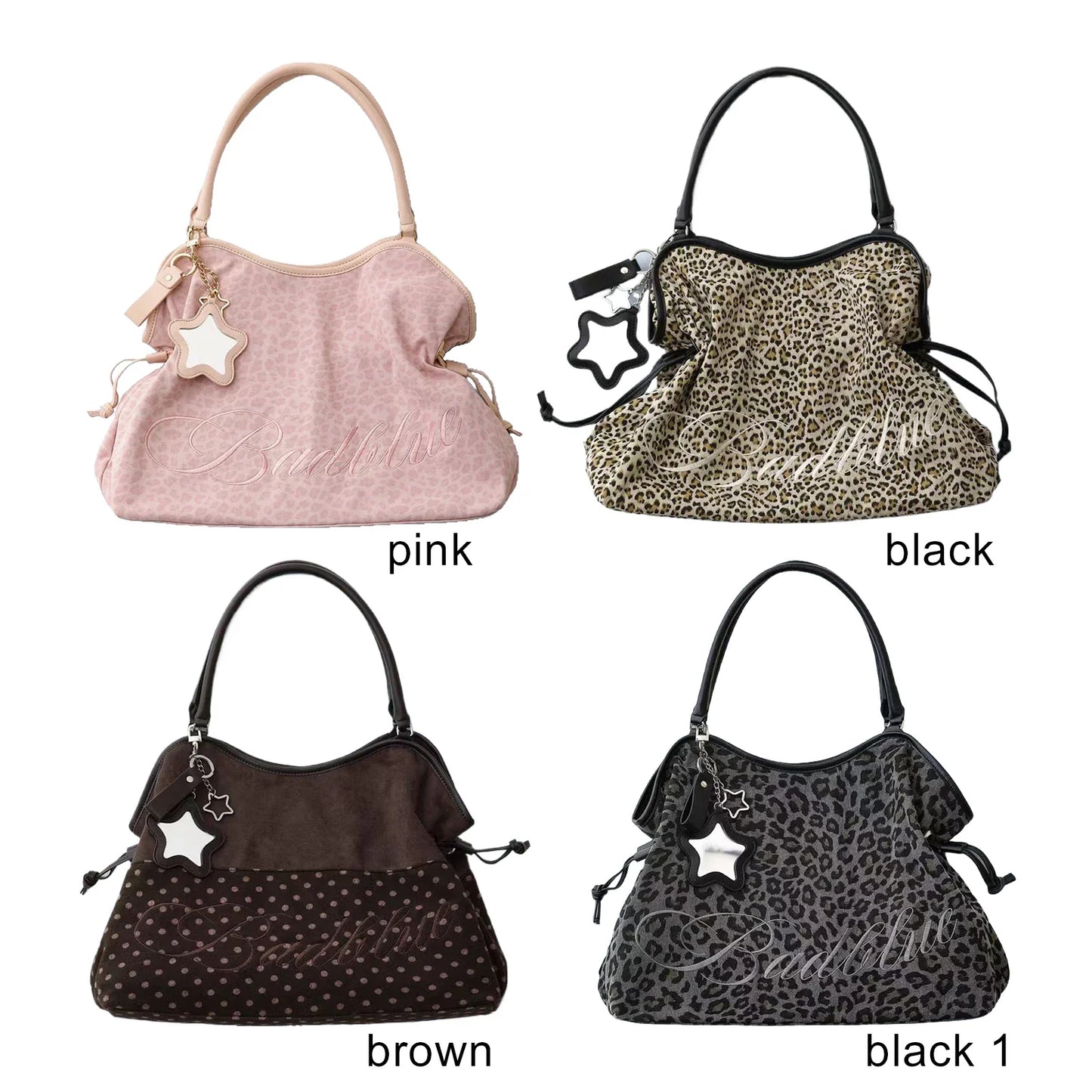 Women Leopard Print One Shoulder Armpit Bag Embroidered Letter Large Capacity Tote Bag Ladies Drawstring Versatile Underarm Bags