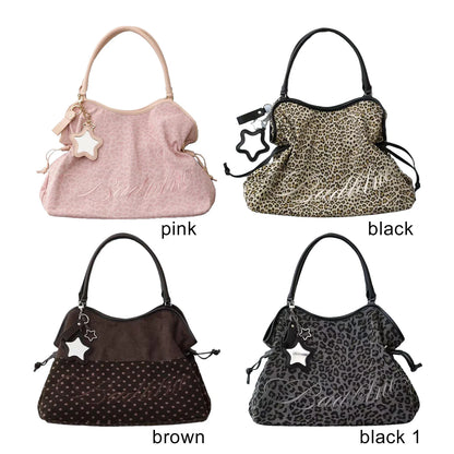Women Leopard Print One Shoulder Armpit Bag Embroidered Letter Large Capacity Tote Bag Ladies Drawstring Versatile Underarm Bags