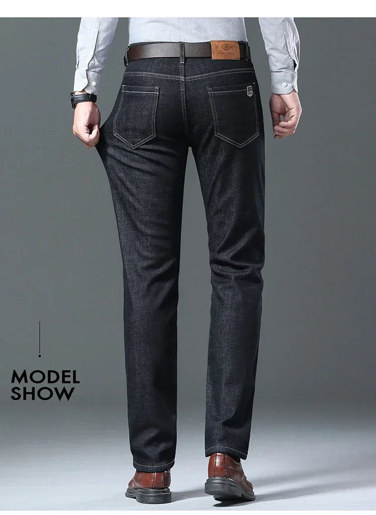 Winter Men's Fleece Thick Sherpa Jeans Business Casual Velvet Straight Denim Pants Male Wool Plush Classic Stretch Trousers