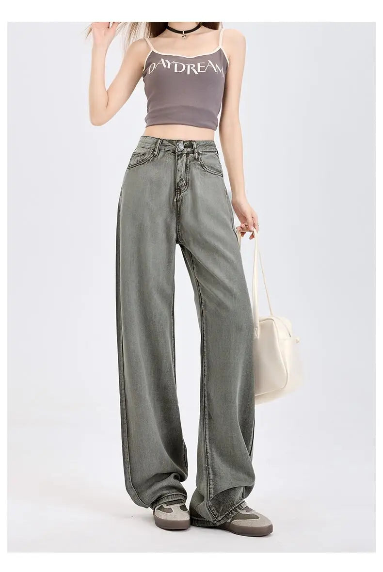 Woman Jeans 100% Lyocell Breathable Denim Wide Leg Towel Sweep drape loose 2025 Summer ice silk Baggy Famale Denim Pants 5 Color