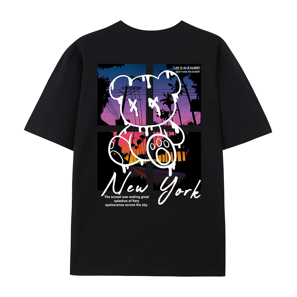 New York Art Word Cartoon Bear Sunset Scenery Design T Shirts Men Hip Hop Cotton Shirt Loose Summer T Shirts Oversized Tees