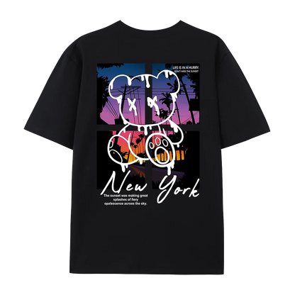 New York Art Word Cartoon Bear Sunset Scenery Design T Shirts Men Hip Hop Cotton Shirt Loose Summer T Shirts Oversized Tees
