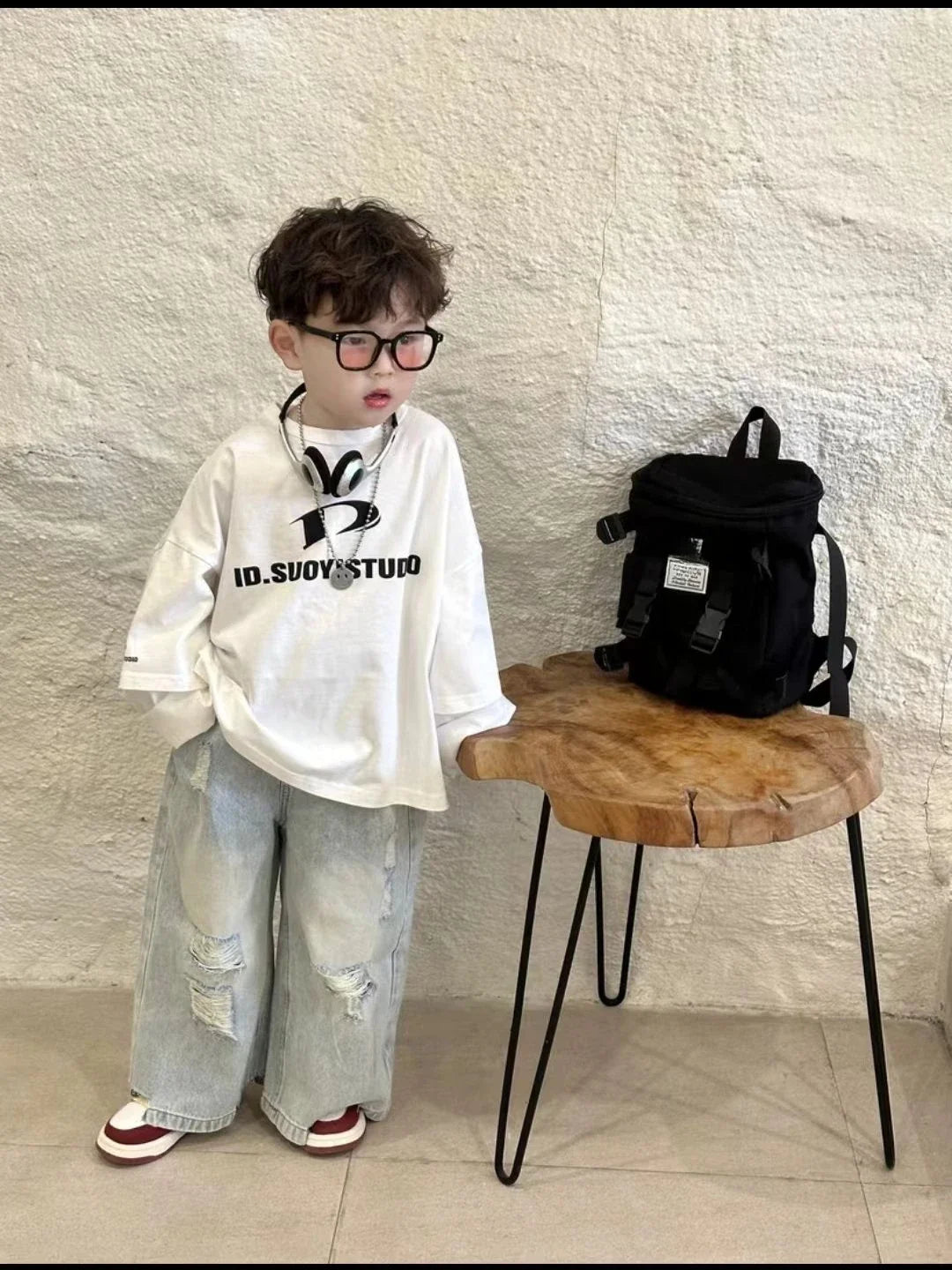 2-9 Yrs Baby Boys Spring and Autumn Korean New Children's White Loose Two Sleeve T-shirt+Hole Jeans Set Boy Outfits Kids Clothes