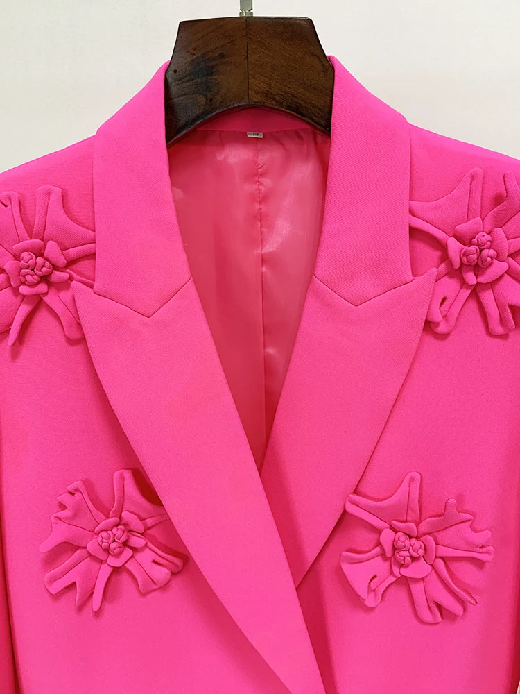 HIGH STREET Newest 2026 Fashion Designer Jacket Women's Stereoscopic Flowers Appliques Double Breasted Long Blazer