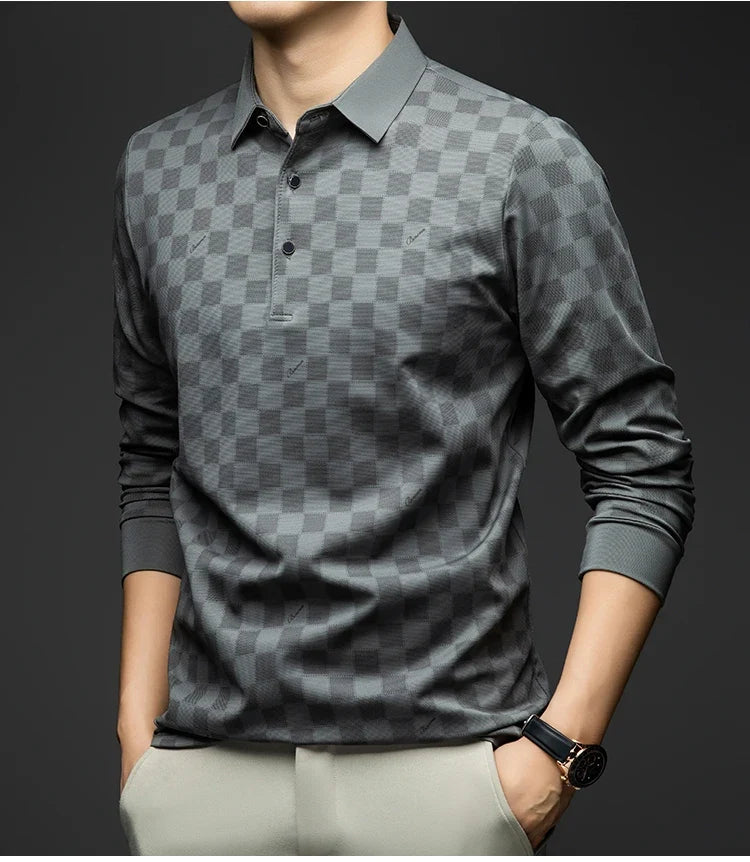 Polo Shirts for Man Autumn Business Slim Fit Long Sleeve T Shirt Men 2026 New Casual Loose Pullover Plaid Men Tops & Tees