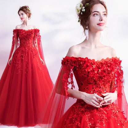 Long Wrap Red Of Shoulder Lady Girl Women Prom Dress Party Evening Dress Performance Dress Wedding Sand Bridesmaid Guest Dress