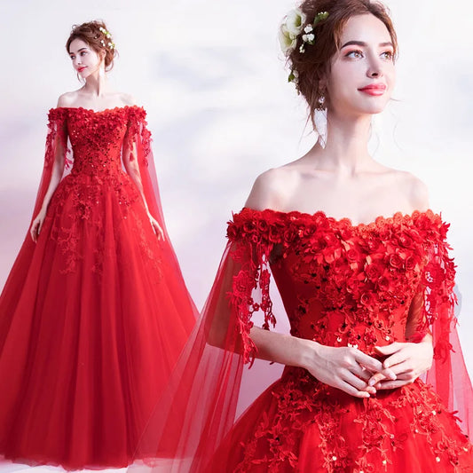 Long Wrap Red Of Shoulder Lady Girl Women Prom Dress Party Evening Dress Performance Dress Wedding Sand Bridesmaid Guest Dress