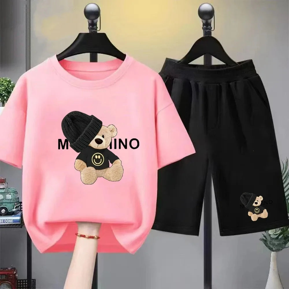 Children's Fashion Summer Clothes Set Loose Fit Cotton Tee + Elastic Waist Shorts for Boys Girls Outdoor Wear