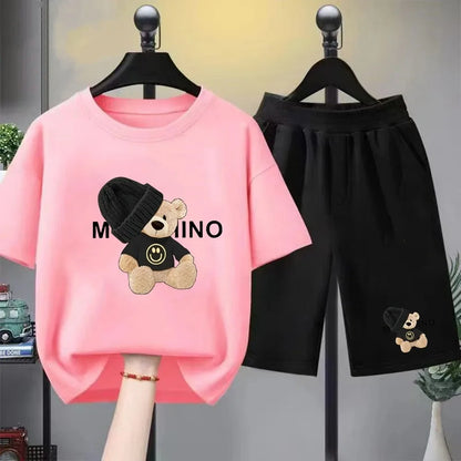 Children's Fashion Summer Clothes Set Loose Fit Cotton Tee + Elastic Waist Shorts for Boys Girls Outdoor Wear