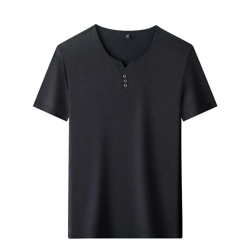 2026 New Men's Business Casual Three Button V-neck Short Sleeved T-shirt Korean Style Summer Comfortable Versatile Top