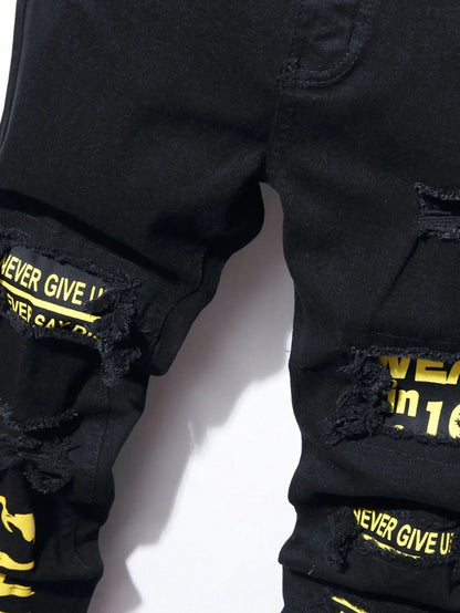 Men's Stretchy Ripped Denim Jeans Slim Fit Straight Trousers Elastic Waist Patchwork Holes Tearing Streetwear Casual Pants