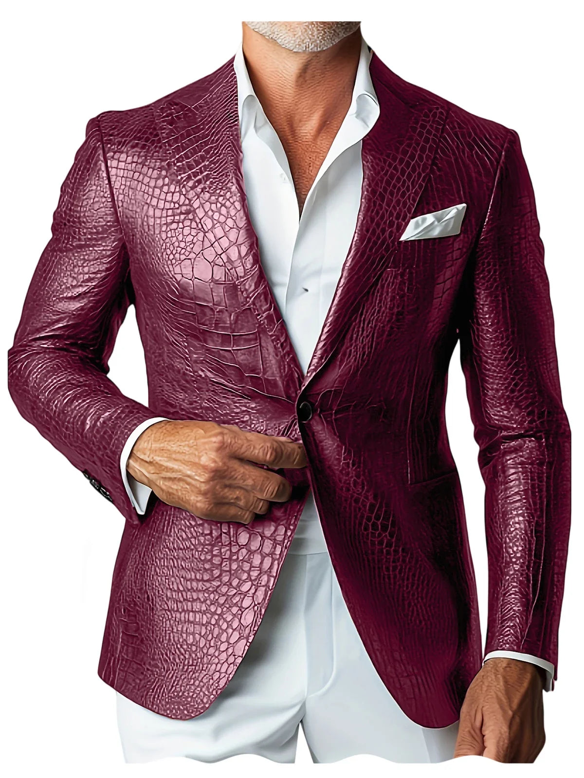 Luxury Men's Crocodile Embossed Leather Blazer Notch Lapel Suit Fit 1 Button Jacket Shiny Croc Print Formal Business Party Coat