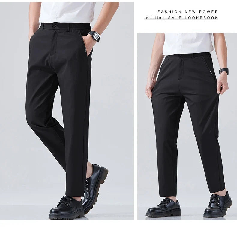 2026 Spring Summer Thin Ice Silk Suit Pants Men's Business Straight Slim High Elastic Ankle Length Casual Pants Male