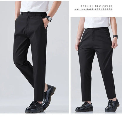 2026 Spring Summer Thin Ice Silk Suit Pants Men's Business Straight Slim High Elastic Ankle Length Casual Pants Male