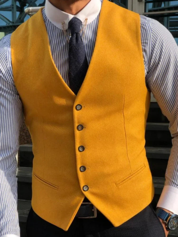 Men Vest Yellow Solid V Neck Single Button Waistcoat For Wedding Party Banquet Business Casual Daily Office Work Men Suit Vest