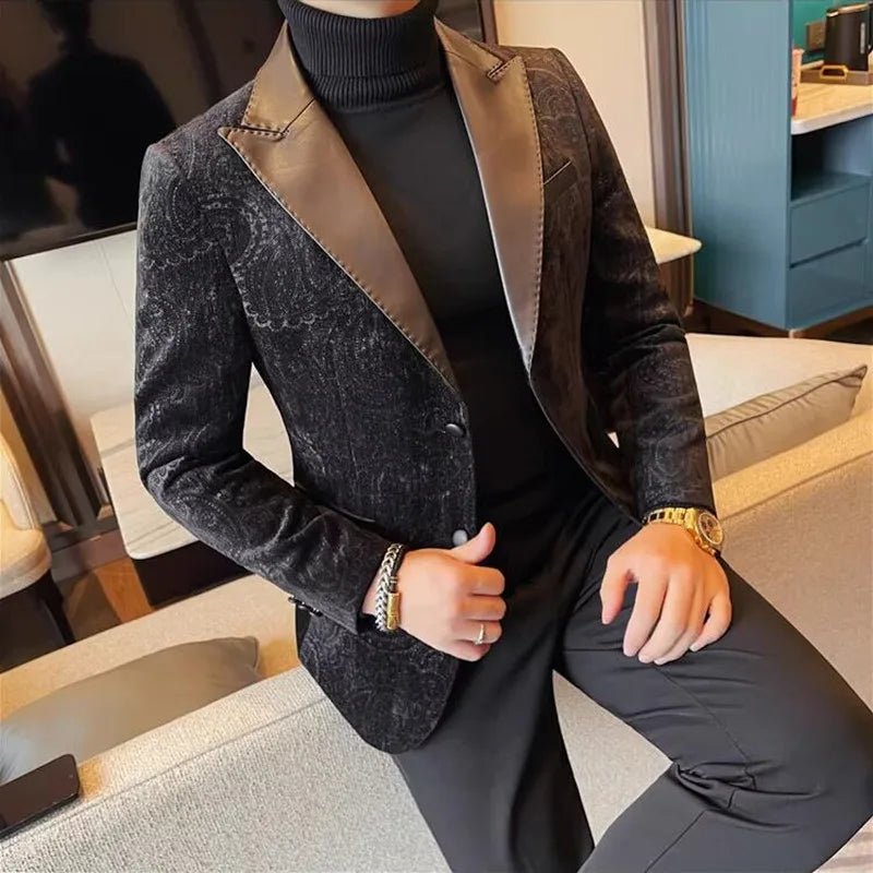 2025 Fashion Leather Neck Spliced Suit Jacket Luxury Men's Business Slim Fit Social Formal Blazers Coats Wedding Groom Tuxedos