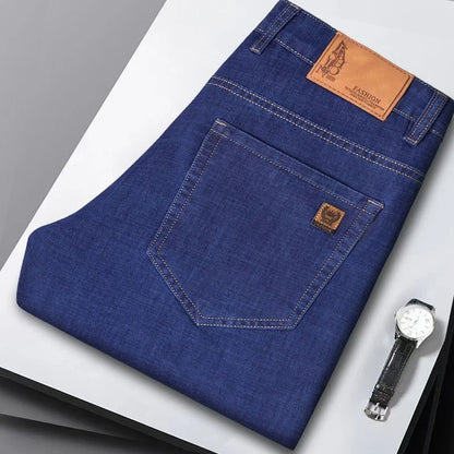 Light blue classic business jeans, fashionable breathable denim elastic pants, black blue men's straight leg jeans, sizes 28-40