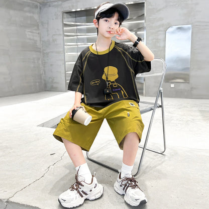 Teenage Summer Tracksuit for Boy with Shorts Tshirt 2 Piece Top and Bottom Clothes Set Kids Child Casual Cotton Outfit Suit Wear