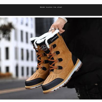 Fashion Men's Winter Boots Warm Fur High-top Snow Boots Men Waterproof Leather Platform Boots Outdoor Non-slip Men Winter Shoes