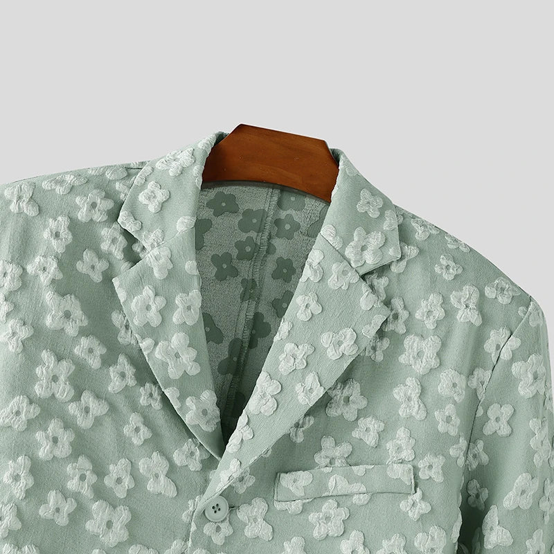 Men Blazer Flower Jacquard Lapel Long Sleeve Crop Coats Men Streetwear Autumn 2025 One Button Fashion Casual Male Suit