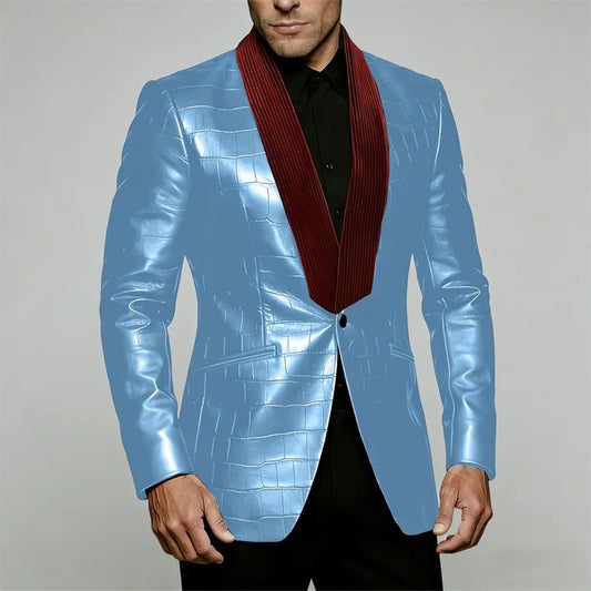 Men‘s Crocodile Pattern Leather Tuxedo Blazer with Corduroy Shawl Collar One Button Suit Jacket Vintage Slim Fit Wedding Party
