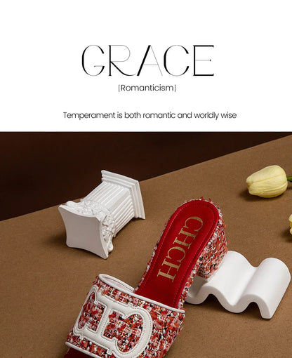 Middle heel square heel slippers fabric fashion casual shoes luxury brand slippers girls street commuter slippers