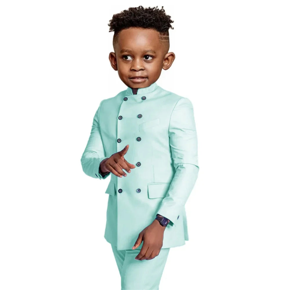 Stylish Elegant Boys Stand-up Collar Suits 2 Pieces Jacket Pants Formal Party Wear Double Breasted Kids Suit Set 2-20T