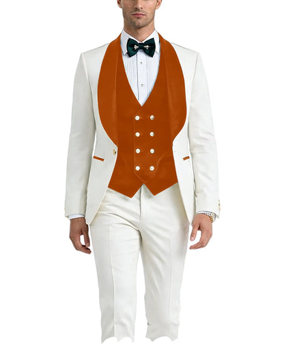 Men White Tuxedo Suit 3 Piece Shawl Lapel Slim Fit 1 Button Velvet Collar Patched Blazer Vest Pants Set for Wedding Party Groom