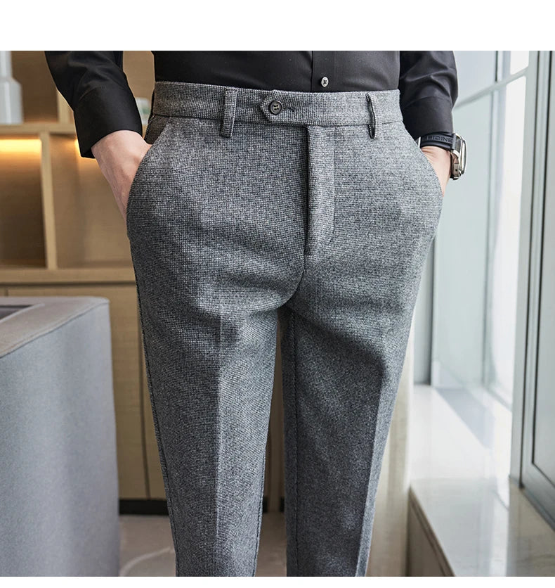 Autumn Winter Woolen Cloth Thickened Suit Pants High Quality Men Business Slim Trousers Formal Wear Office Social Dress Pants