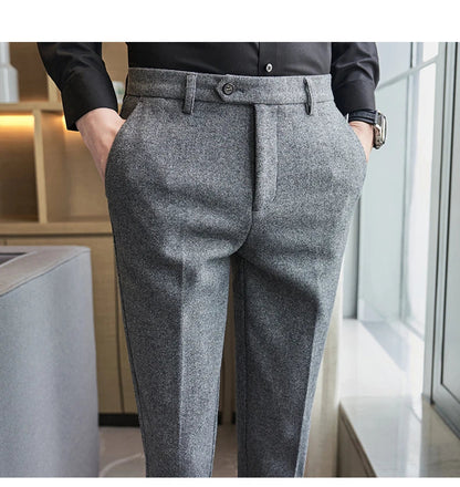 Autumn Winter Woolen Cloth Thickened Suit Pants High Quality Men Business Slim Trousers Formal Wear Office Social Dress Pants