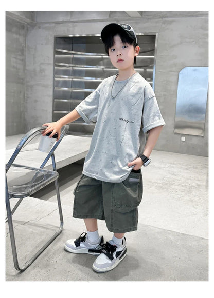 Summer Suit for Boy with Shorts Two Piece Clothing Set Kids Child Cotton Top and Bottom Clothes Set Casual Outfit Tracksuit 5-14