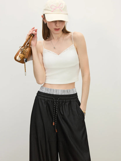MInimalism Slim Fit Lace Splicing Camisole For Women 2025 Summer New Arrival Strappy Sleeveless Casual Tops 25FS12483