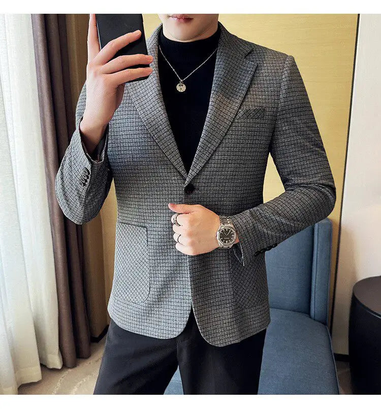Men's Elegant Grid Suit Jacket 2026 Spring New Fashion Slim Blazer Jackets Social Prom Dress Jacket Men's High Quality Clothing