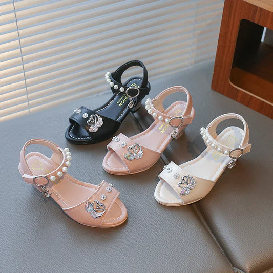 Girls Shiny Rhinestone Flowers Leather Sandals 2026 New Summer Toddler Strappy Sandals Hight Heel Soft Sole Princess Style Shoes
