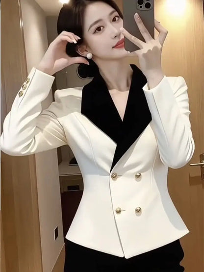 2026  celebrity new professional suit jacket women's high sense black and white contrasting color waist thin short suit