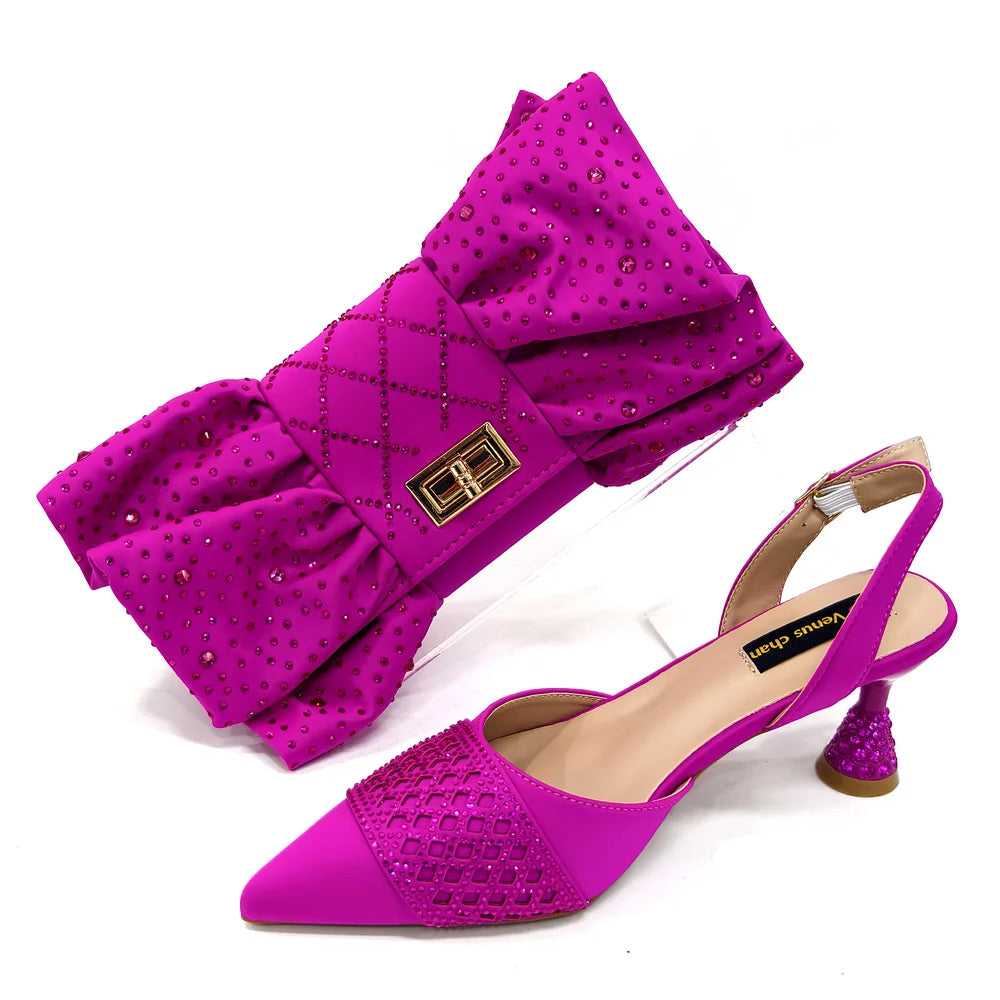 2025 New Summer Collection Stylish Italian Women’s Shoes and Bag Set in Gold Colour - Comfortable Mid Heels With Rhinestones