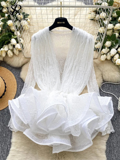 Autumn Streetwear Tops Suits Women O Neck Full Sleeves Thin Sheer Lace Shirts+Sleeveless Outerwear Ruffles Tank Top
