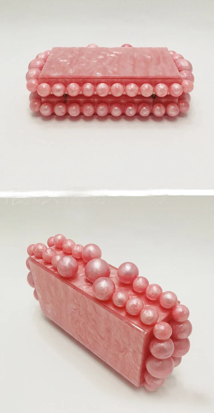 Fashion Women Acrylic Turquoise Evening Clutch Bag Small Pearls Party Black Designer Day Purse Crossbody Chain