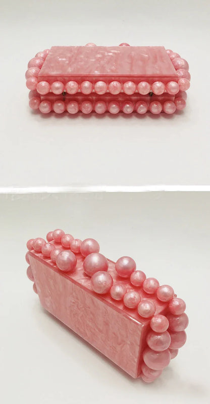 Fashion Women Acrylic Turquoise Evening Clutch Bag Small Pearls Party Black Designer Day Purse Crossbody Chain