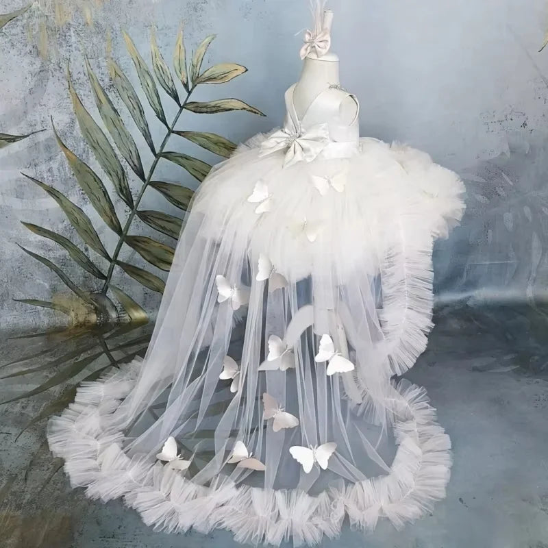 Puffy Girl Dress Pink Baby Dress with Train Flower Girl Dress Bow Cute Kid's Child Birthday Dresses Frist Communion