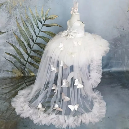 Puffy Girl Dress Pink Baby Dress with Train Flower Girl Dress Bow Cute Kid's Child Birthday Dresses Frist Communion